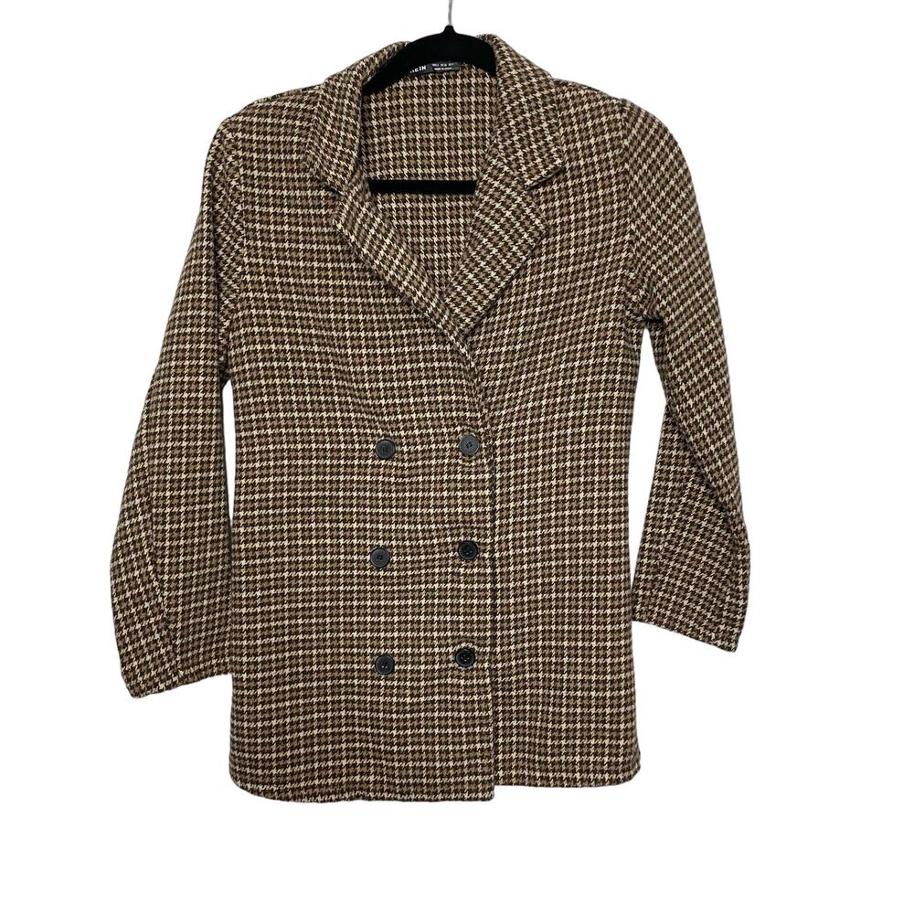 Shein Blazer Houndstooth Double‎ Breasted Long Sleeve Lapel Collar Brown Small